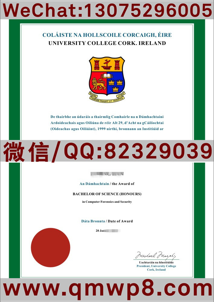 根据原件排版的爱尔兰科克大学毕业证样本电子图片