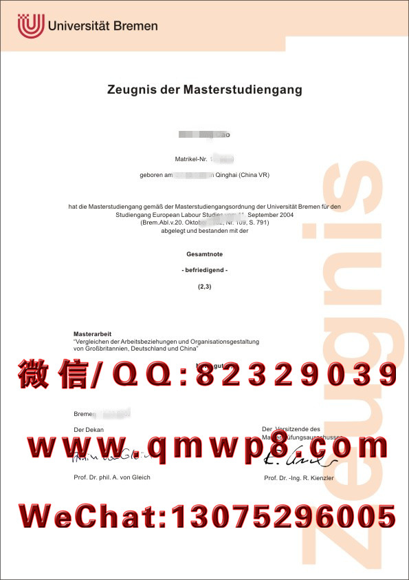 德国不莱梅大学毕业证学历文凭学位证书排版电子版