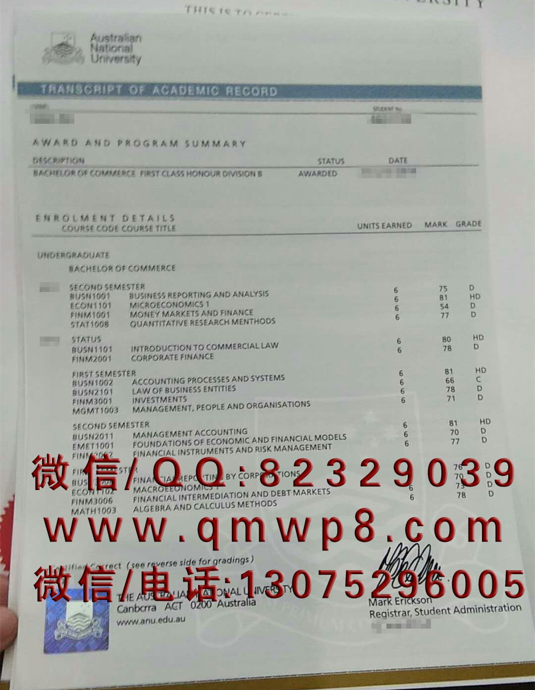 澳大利亚国立大学成绩单制作案例|Australian National University Transcripts